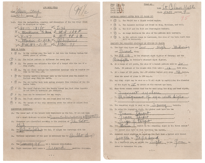 Lot 528 Clark Gable (2) Hand-Completed Army Air Forces Aerial Gunnery Examinations (ca. 1942-1943)