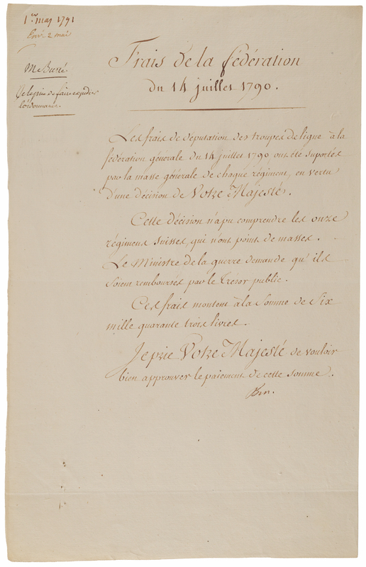 Lot 802 King Louis XVI Endorsed Document, Paying Expenses from the Fête de la Fédération, Commemorating the Fall of the Bastille