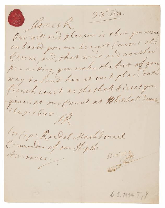 Lot 803 King James II Autograph Letter Signed, Preparing for Exile in France and Securing Safe Passage for 