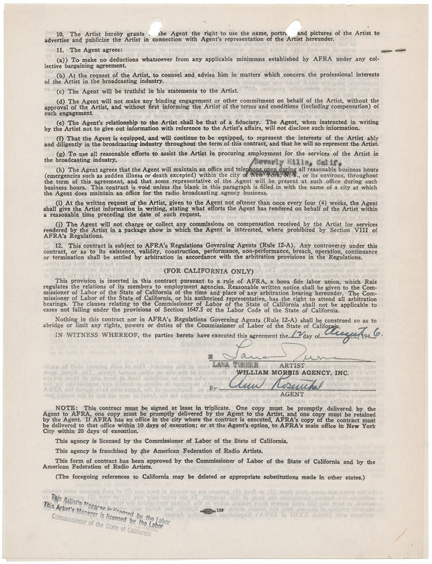 Lot 730 Lana Turner Signed Agency Contract