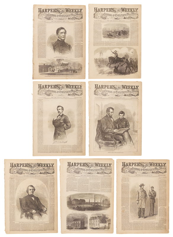 Lot 36 Abraham Lincoln: Harper’s Weekly Consecutive Seven-Issue Run Documenting the Assassination, Funeral, Booth Manhunt, and End of the Civil War (April 15–May 27, 1865)