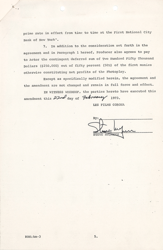 Lot 615 Steve McQueen Signed Contract Amendment for Papillon