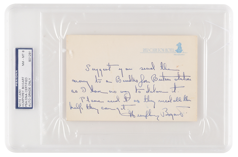 Lot 476 Humphrey Bogart Autograph Note Signed on Bundles for Britain - PSA NM-MT 8