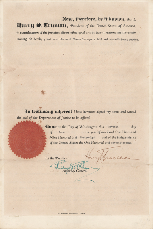 Lot 90 Harry S. Truman Document Signed as President, Granting a Pardon on Humanitarian Grounds