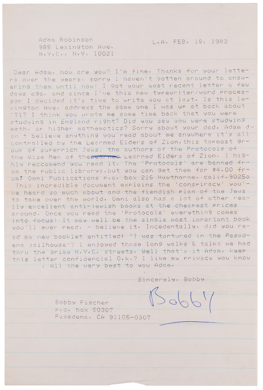 Lot 755 Bobby Fischer Typed Letter Signed on the Antisemitic Protocols of the Elders of Zion - “It may well be the single most important book you'll ever read”