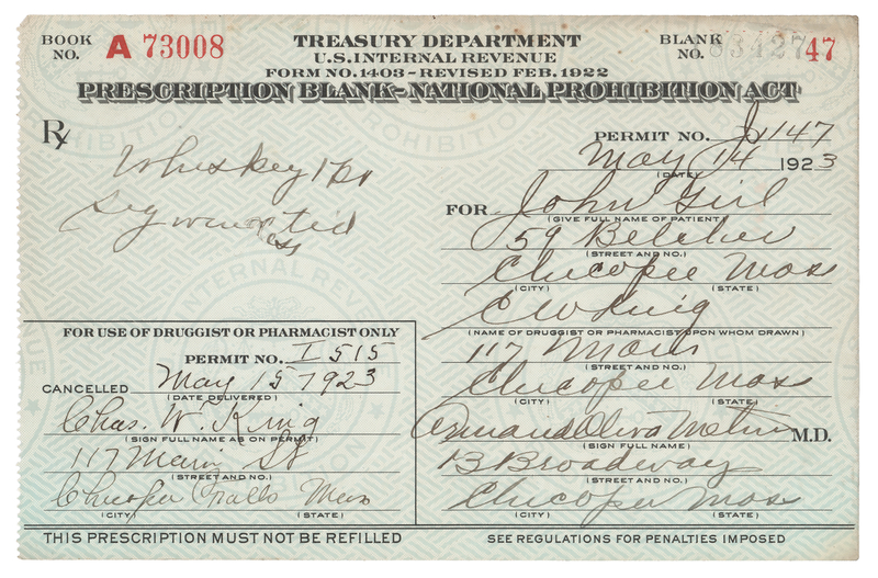 Lot 236 Prohibition: 1923 Liquor Prescription for Whiskey