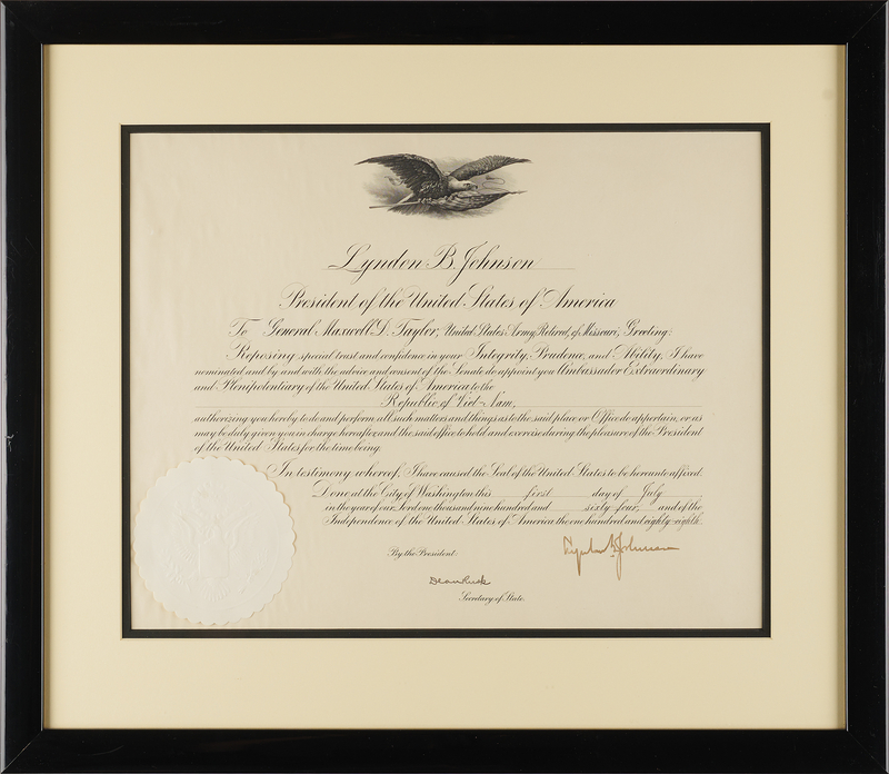 Lot 107 Lyndon B. Johnson Document Signed as President, Appointing Maxwell D. Taylor as Ambassador to South Vietnam (1964)