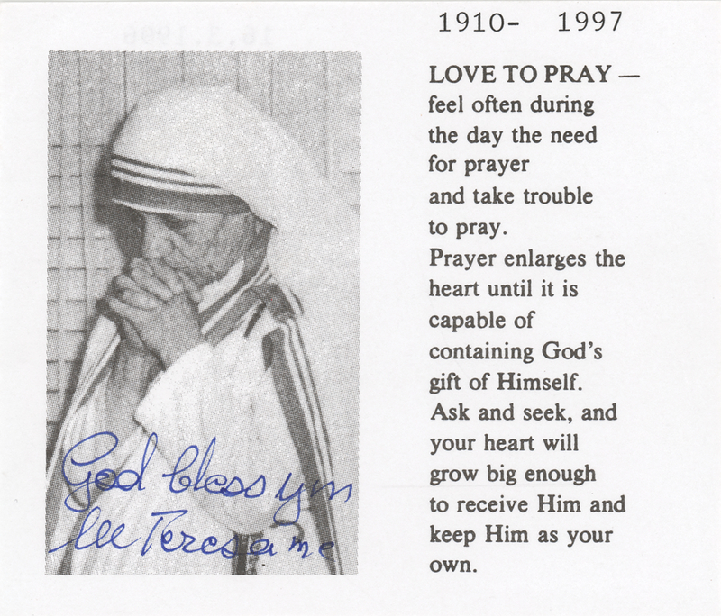 Lot 188 Mother Teresa Signed Prayer Slip