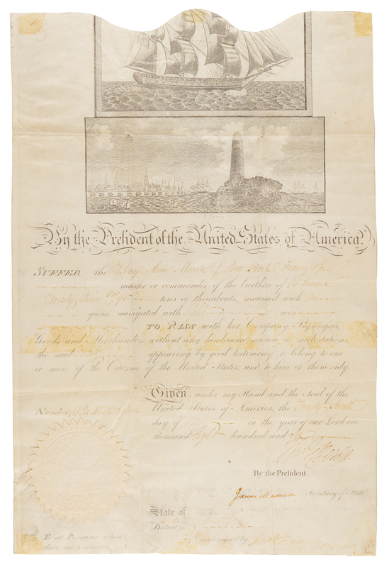 Lot 5 Thomas Jefferson and James Madison Maritime Document Signed as President and Secretary of State for the Brig Ann Maria