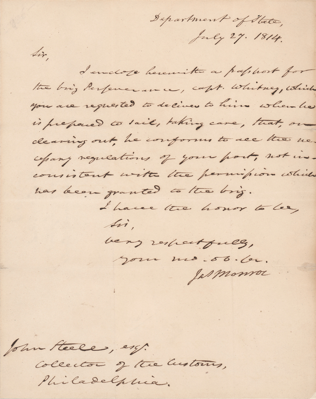 Lot 11 James Monroe Letter Signed as Secretary of State on Maritime Affairs - Weeks Before the Burning of Washington (July 27, 1814)