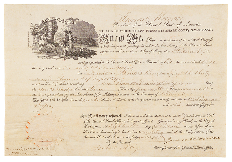 Lot 12 James Monroe Military Land Grant Signed as President