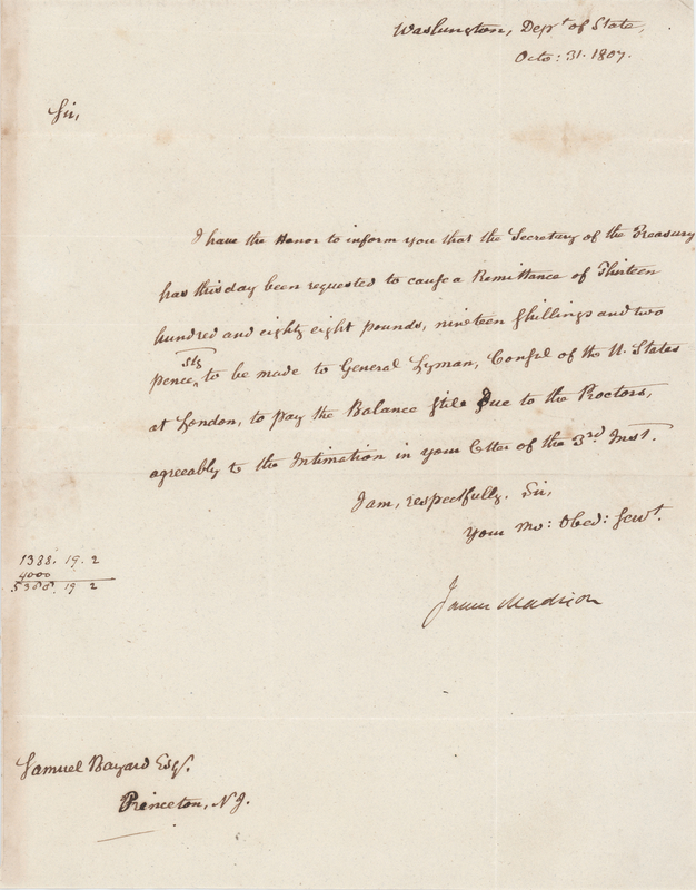 Lot 10 James Madison Letter Signed as Secretary of State Weeks Before the Embargo Act (1807)