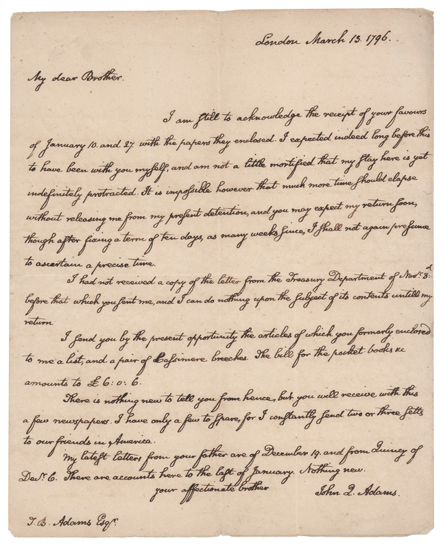 Lot 14 John Quincy Adams Early Autograph Letter Signed from London to His Brother, Thomas Boylston Adams (1796)