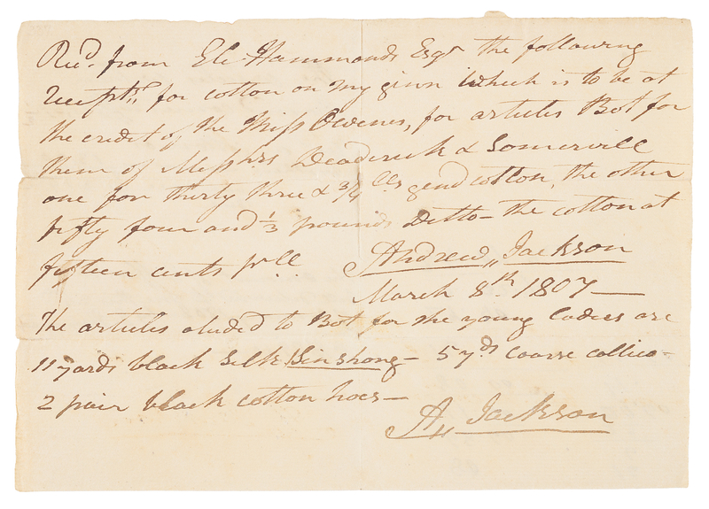 Lot 17 Andrew Jackson Twice-Signed Autograph Document Recording Cotton Credit and Household Purchases in Early Tennessee (1807)