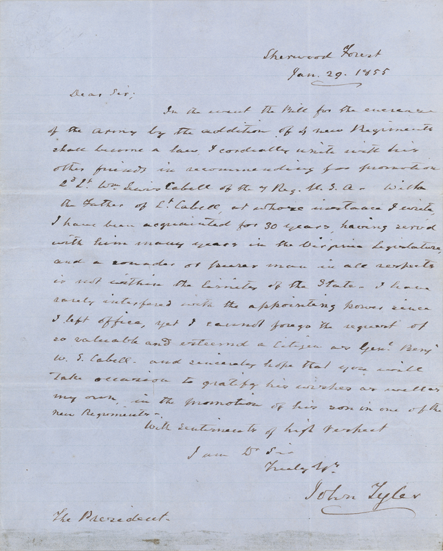 Lot 23 John Tyler Autograph Letter Signed to President Franklin Pierce - Recommending Future Confederate General William Lewis Cabell