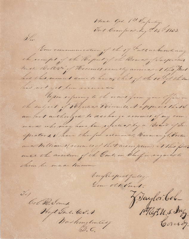 Lot 26 Zachary Taylor Letter Signed as Commander of the 1st U.S. Infantry at Fort Crawford (1833)