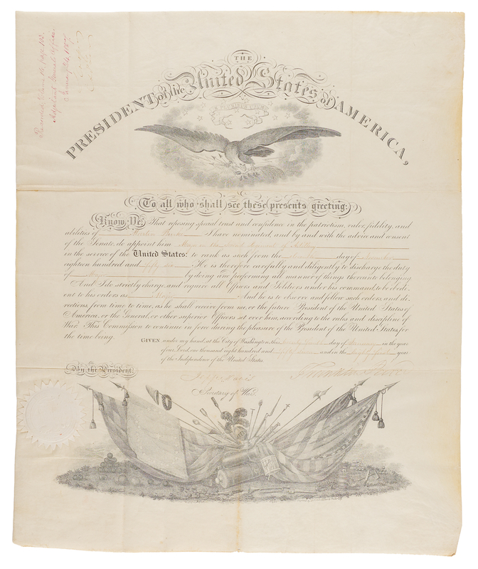 Lot 33 Franklin Pierce and Jefferson Davis Document Signed as President and Secretary of War, Appointing an Artillery Major