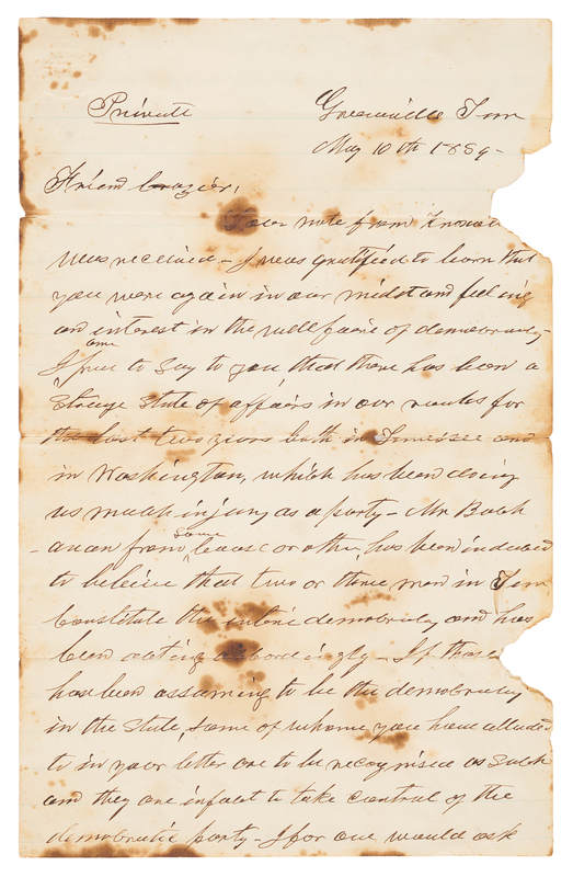 Lot 38 Andrew Johnson Autograph Letter Signed as Tennessee Senator on Democratic Party Divisions Before the Election of 1860