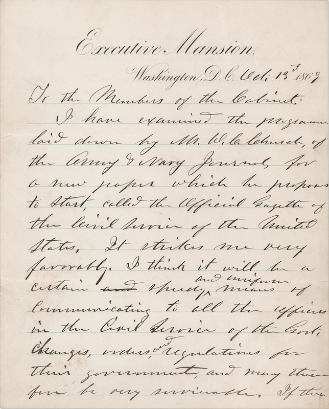 Lot 42 U.S. Grant Autograph Letter Signed as President to the “Members of the Cabinet” - Endorsing a New Civil Service Publication