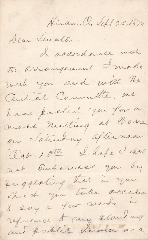 Lot 47 James A. Garfield Autograph Letter Signed Requesting Campaign Support from Senator John Sherman (1874)