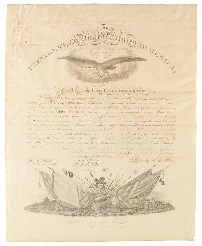 Lot 49 Chester A. Arthur and Robert Todd Lincoln Document Signed as President and Secretary of War, Appointing a Cavalry Captain