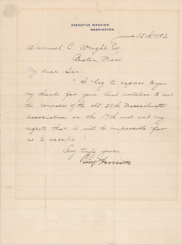 Lot 55 Benjamin Harrison Letter Signed as President - Five Days Following His 1892 Renomination