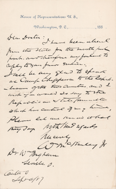 Lot 56 William McKinley Autograph Letter Signed as an Ohio Congressman
