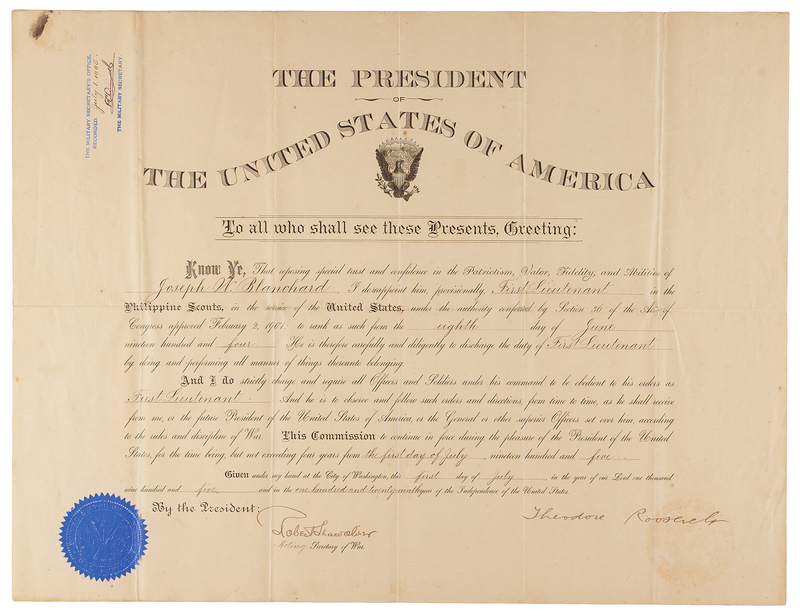 Lot 59 Theodore Roosevelt Document Signed as President, Appointing a Lieutenant in the Philippine Scouts