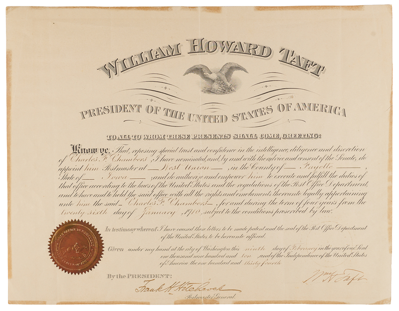 Lot 64 William H. Taft Document Signed as President, Appointing a Postmaster
