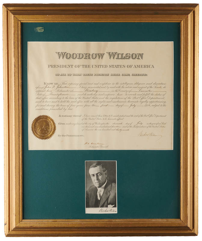 Lot 67 Woodrow Wilson Document Signed as President, Appointing a Postmaster