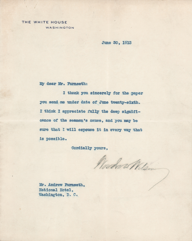 Lot 66 Woodrow Wilson Typed Letter Signed as President, Endorsing Maritime Labor Reform