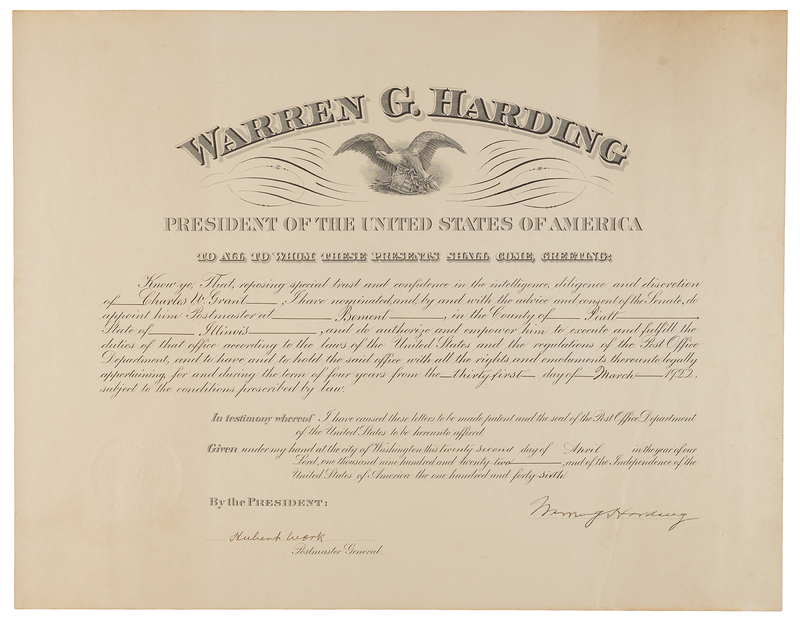 Lot 70 Warren G. Harding Document Signed as President, Appointing a Postmaster