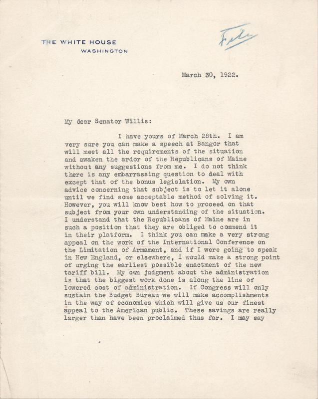 Lot 71 Warren G. Harding Typed Letter Signed as President on a Republican Speech in Maine