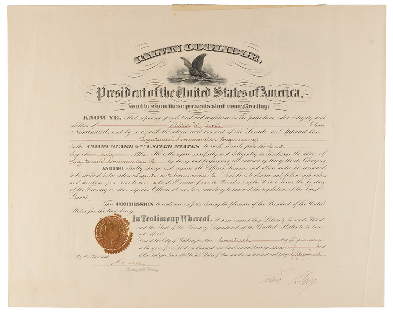 Lot 72 Calvin Coolidge Document Signed as President, Appointing a Coast Guard Engineer