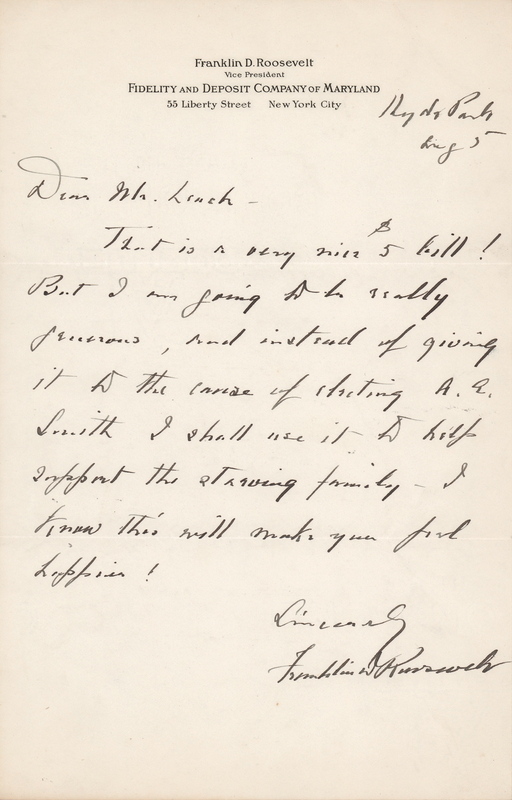 Lot 79 Franklin D. Roosevelt Autograph Letter Signed on a $5 Donation: 