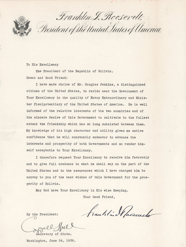 Lot 80 Franklin D. Roosevelt Typed Letter Signed as President to the President of Bolivia, Announcing the Appointment of a Diplomat