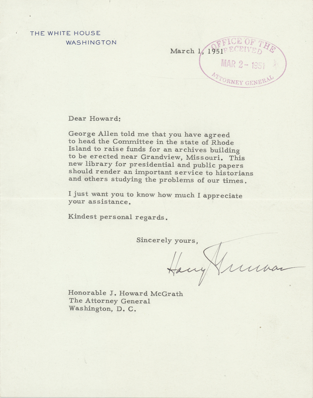 Lot 89 Harry S. Truman Typed Letter Signed as President to Attorney General J. Howard McGrath on His Presidential Library