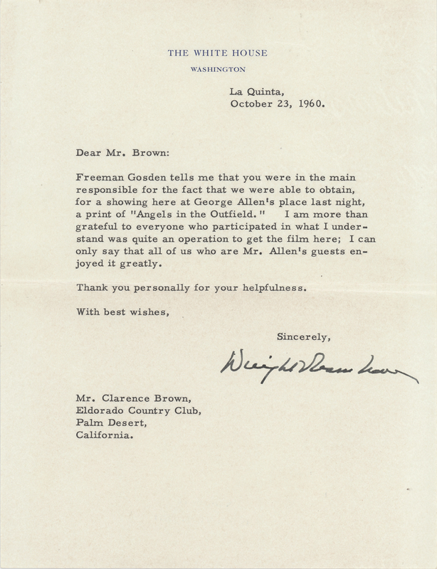 Lot 99 Dwight D. Eisenhower Typed Letter Signed as President to Director Clarence Brown on His Favorite Film, 'Angels in the Outfield'