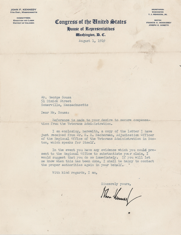 Lot 104 John F. Kennedy Typed Letter Signed on a Veterans Administration Compensation Claim