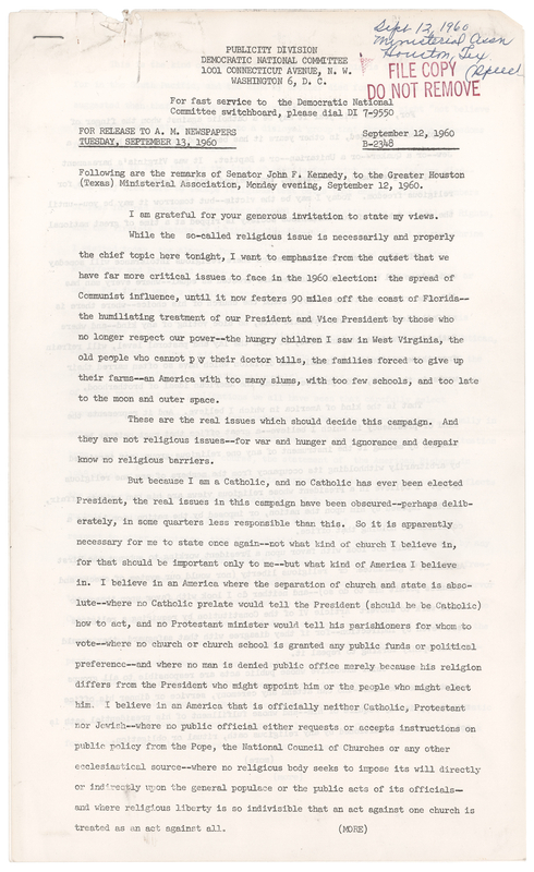 Lot 106 John F. Kennedy Press Release File Copy of a 1960 Houston Campaign Speech on the Separation of Church and State: 