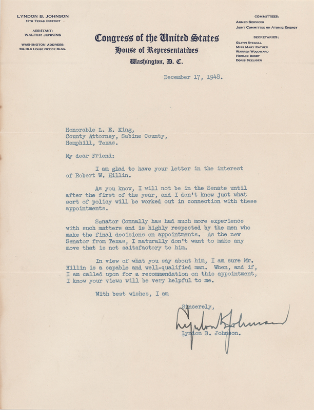 Lot 108 Lyndon B. Johnson Typed Letter Signed, Declining to Recommend an Appointment as Junior Senator