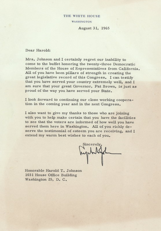 Lot 109 Lyndon B. Johnson Typed Letter Signed as President, Recognizing California's Representatives as 