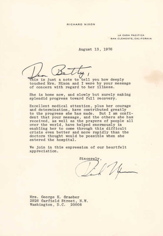 Lot 112 Richard M. Nixon Typed Letter Signed on Pat Nixon's Recovery: 