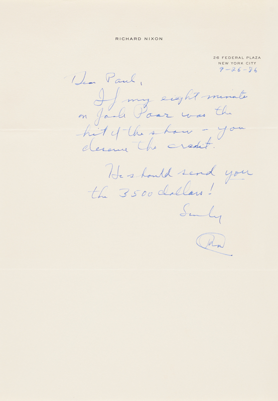 Lot 114 Richard M. Nixon Autograph Letter Signed on an Interview with Jack Paar