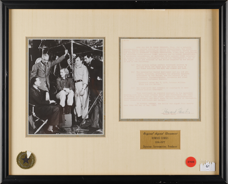Lot 549 Howard Hawks Document Signed for The Girl Who Almost Got Away