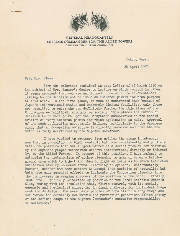 Lot 243 Douglas MacArthur Typed Letter Signed on Birth Control and the 