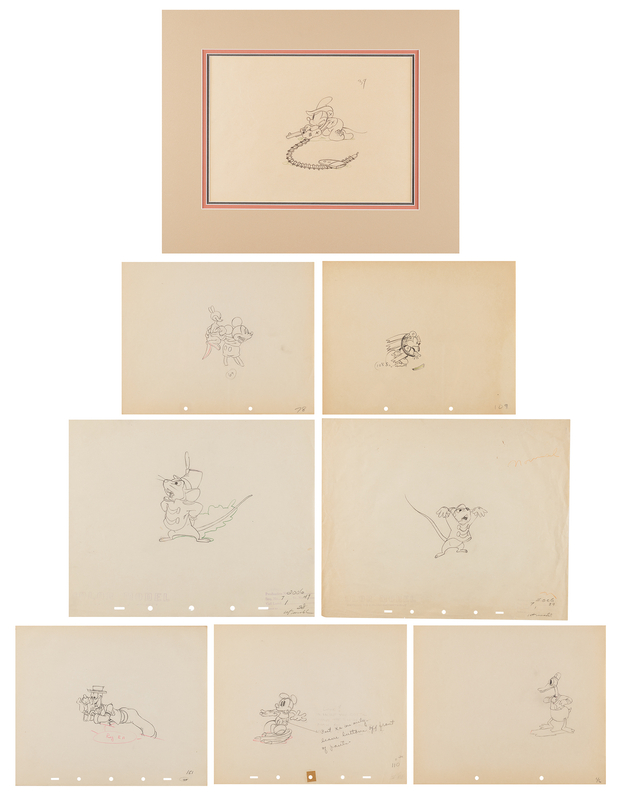 Lot 349 Mickey Mouse, Donald Duck, Goofy, and Timothy Q. Mouse production drawings from Walt Disney Studios Shorts and Features