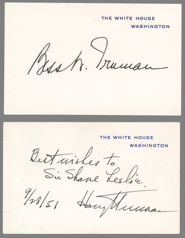Lot 85 Harry and Bess Truman (2) Signed White House Cards