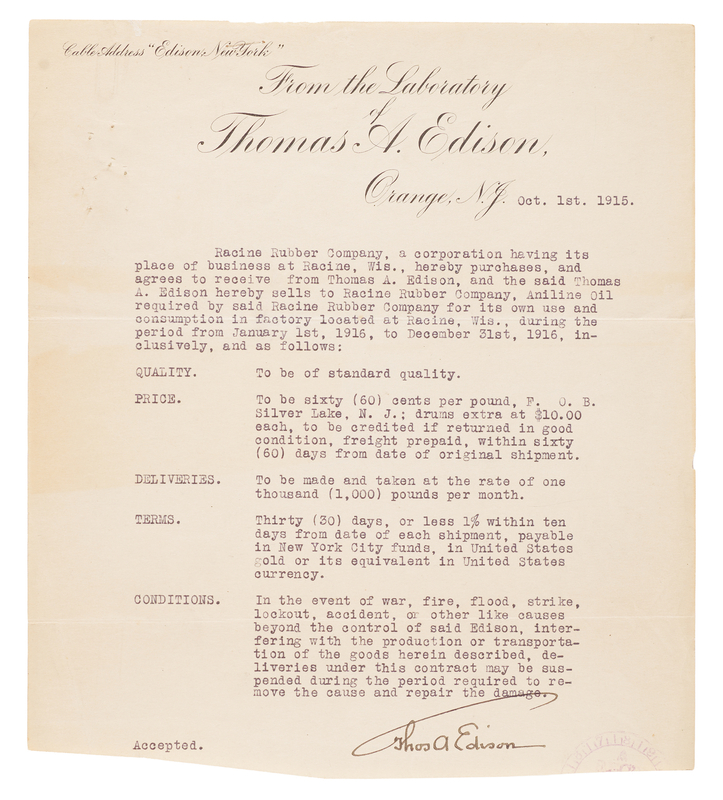 Lot 212 Thomas Edison Document Signed - Wartime Aniline Oil Supply Contract (1915)