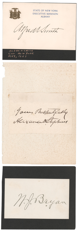 Lot 170 American Politicians (3) Signatures - William Jennings Bryan, Al Smith, and Alexander H. Stephens